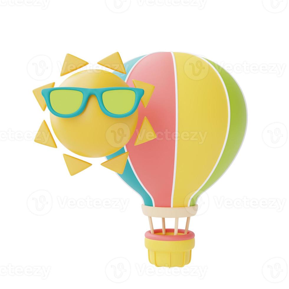 rainbow with colorful hot air balloon isolate on white background,summer elements,3d rendering. photo