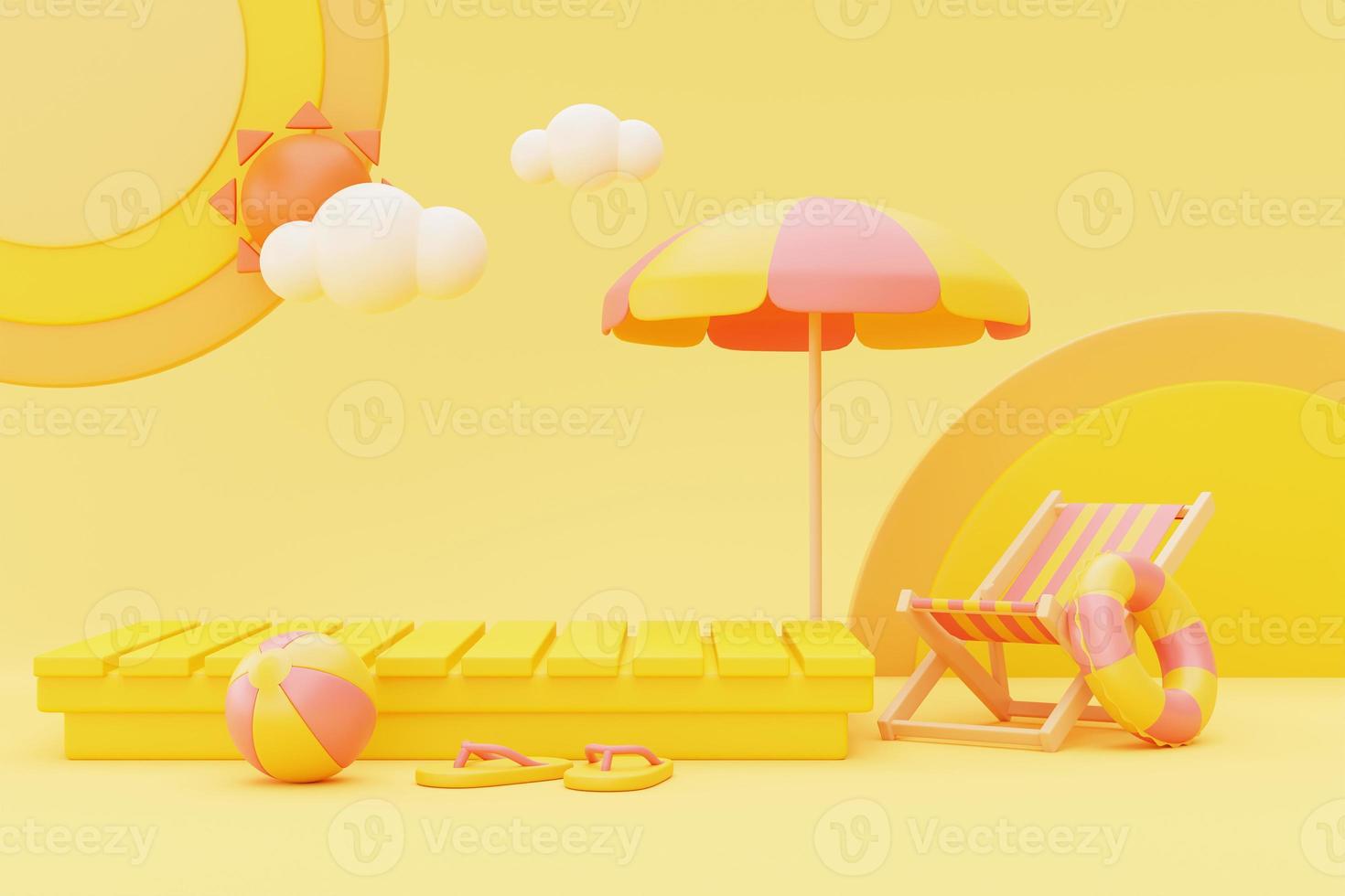 summer display with beach chair,umbrella and summer elements,3d rendering. photo