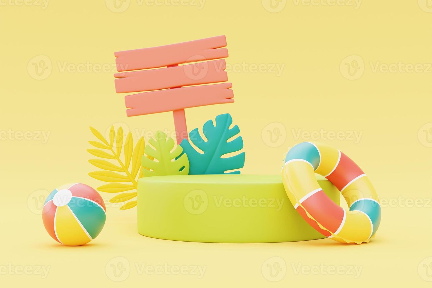 colorful summer beach elements with signpost,3d rendering. photo