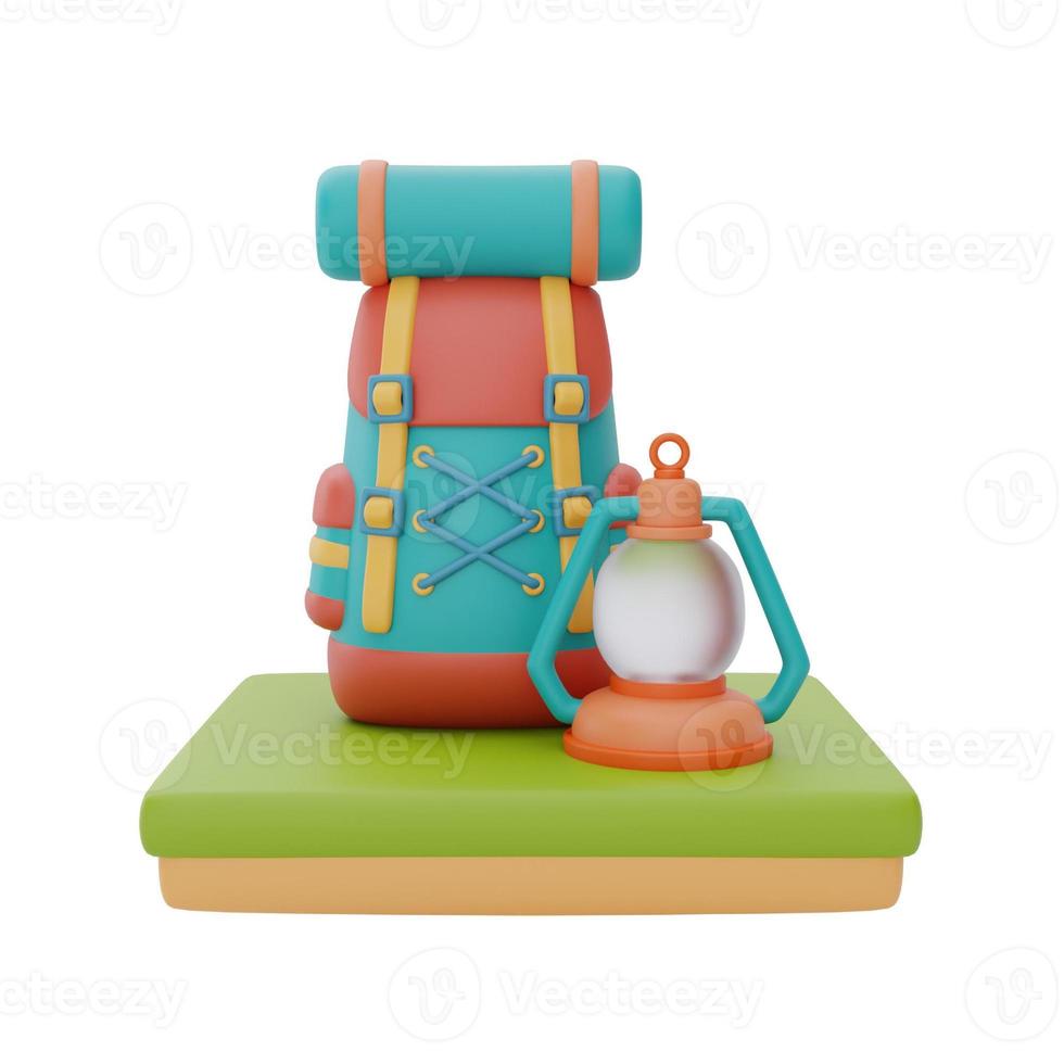 travel backpack with camping equipment,lantern,summer camp concept,3d rendering. photo