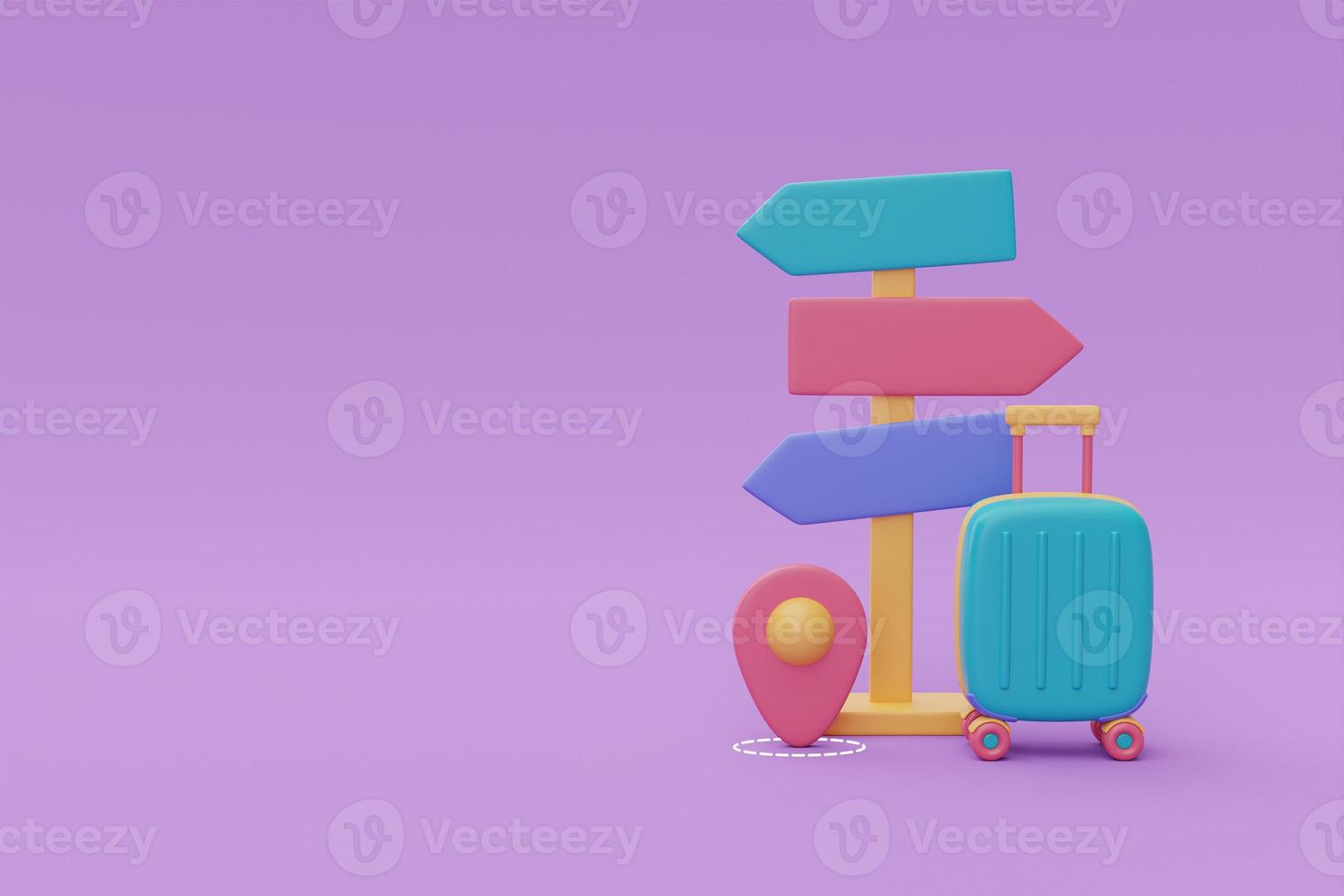 Tourism and travel plan to trip with green suitcase and signpost,holiday vacation,journey,3d rendering photo