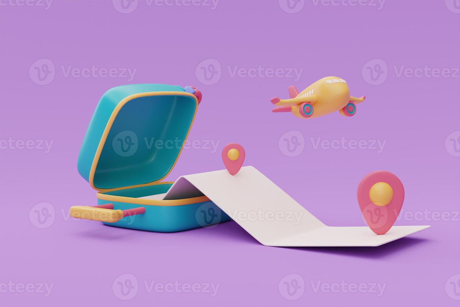 Opened green suitcase with airplane,blank map and location pin.Tourism and travel plan to trip,holiday vacation,3d rendering photo