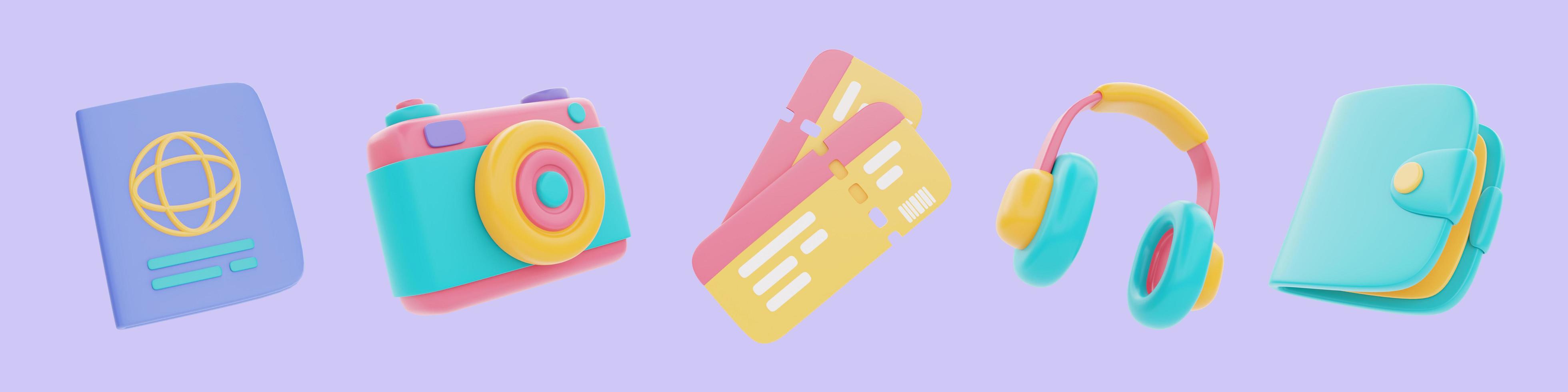 set of travel accessories isolated on purple background, Tourism and travel, 3d rendering photo
