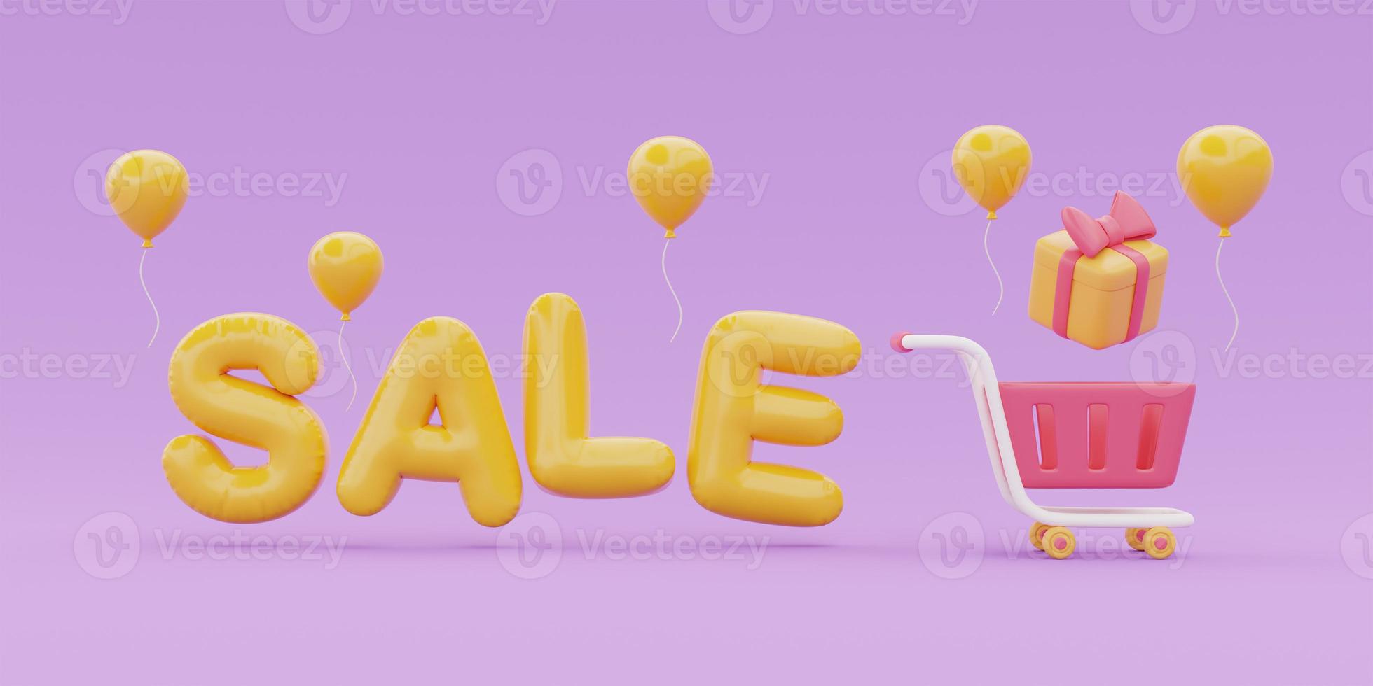 Great discount and sale promotion concept, SALE word with shopping cart, gift boxes and balloon floating, 3d rendering. photo