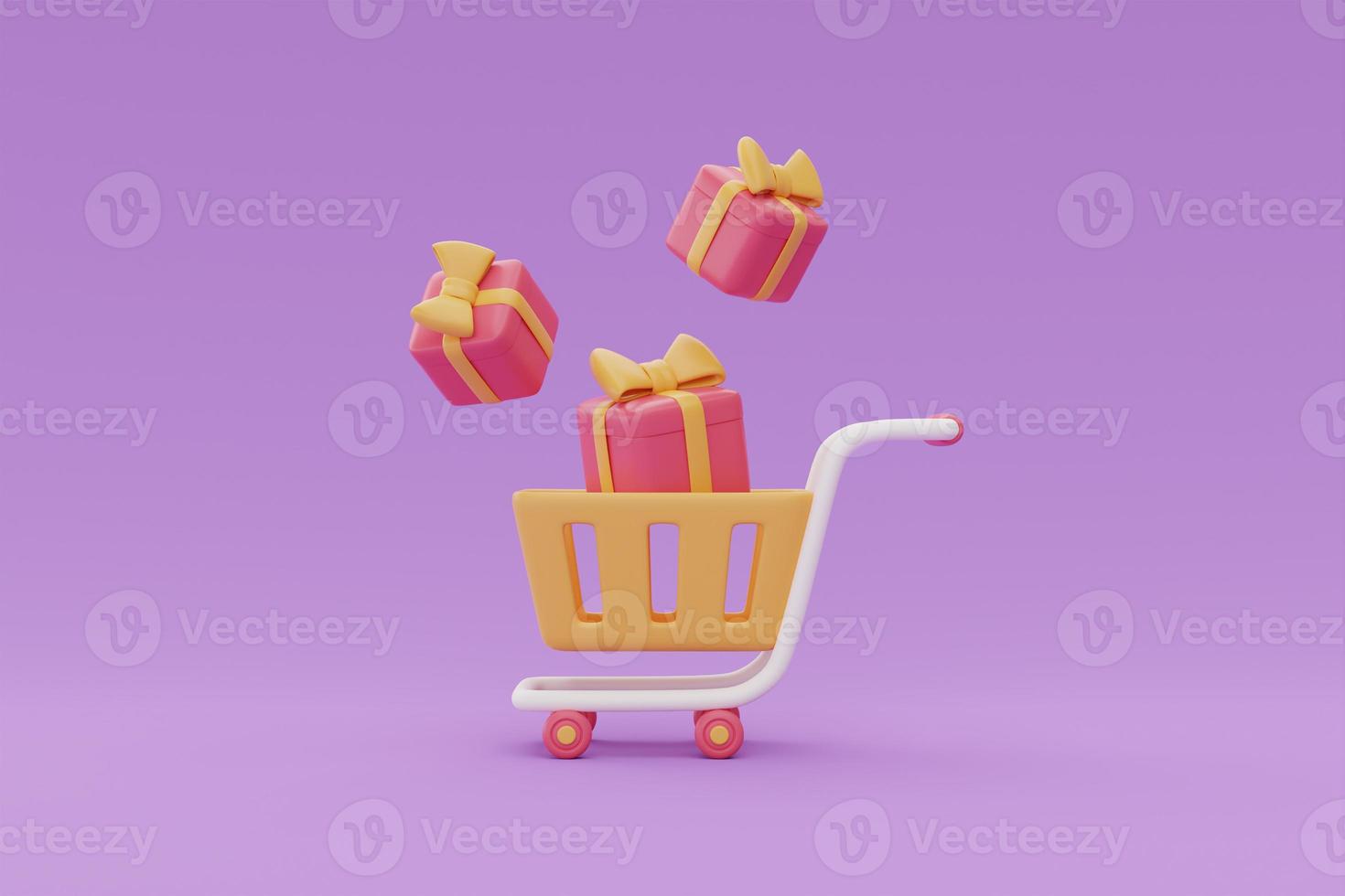 Shopping cart with gift boxes, Flash sale promotions concept on purple background, 3d rendering. photo