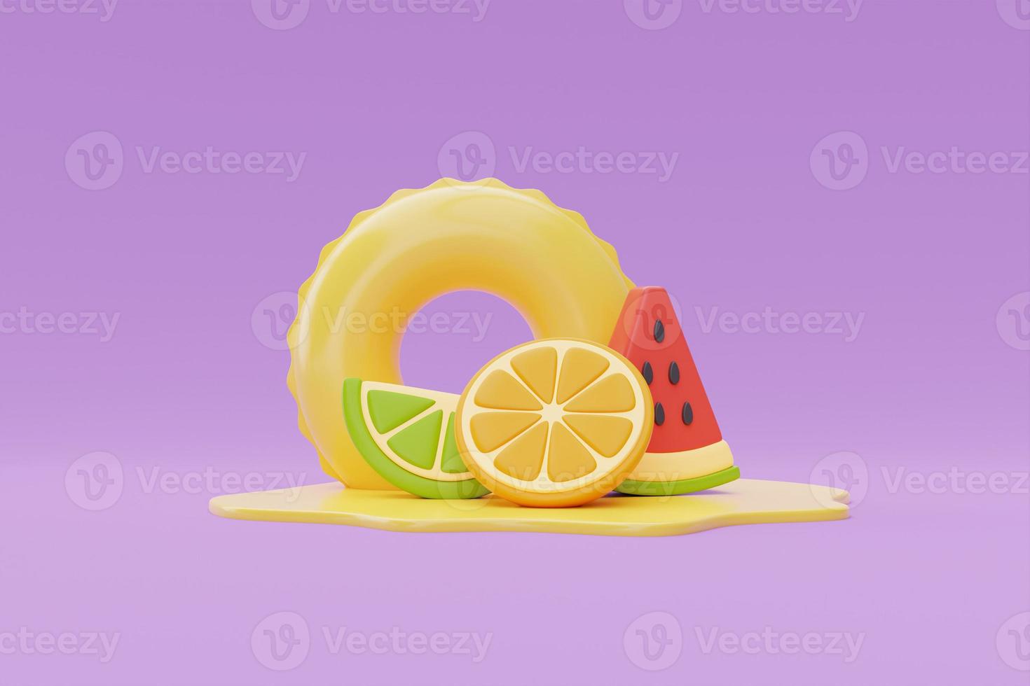 Summer time concept with inflatable ring and colorful summer fruits on purple background, , 3d rendering. photo