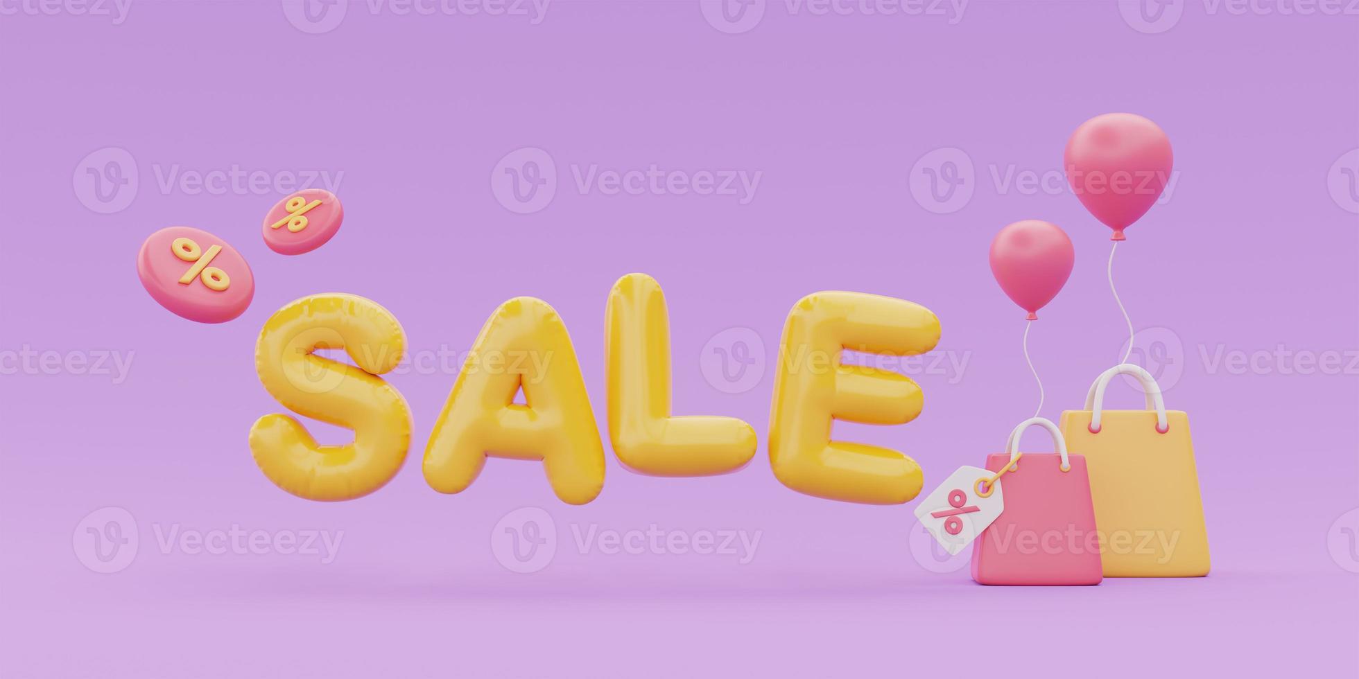 Great discount and sale promotion concept, SALE word with shopping bags and balloon floating, 3d rendering. photo