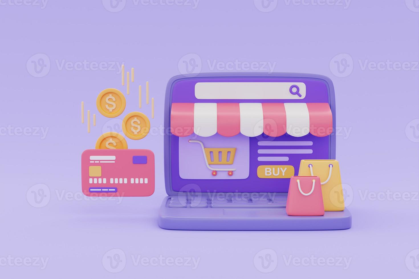 Online shopping store on laptop with shopping bags and credit card, cash back or bonus coin concept, 3d rendering. photo