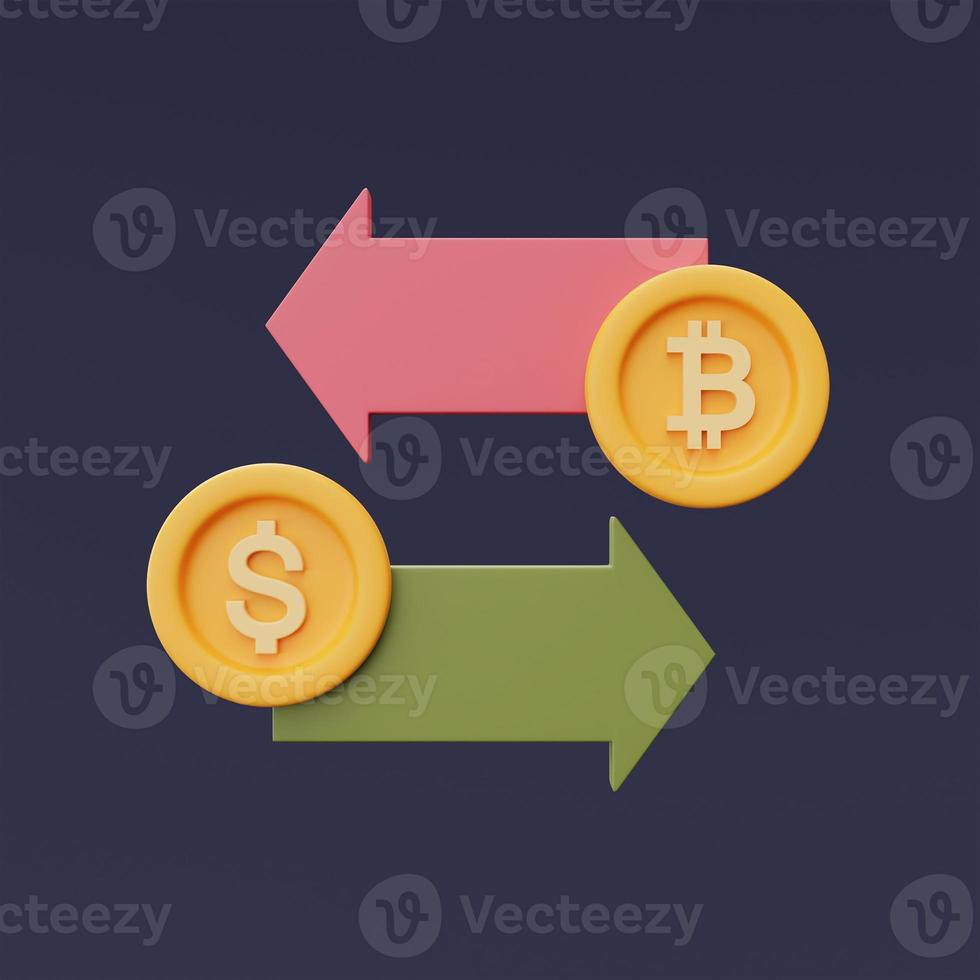 concepto de intercambio de criptomonedas en línea, bitcoin dorado y monedas de dólar con flecha roja y verde, estilo minimalista. Representación 3d. foto