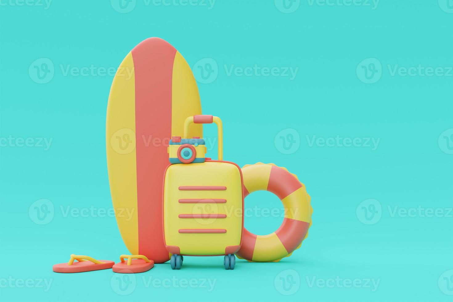 3d rendering of summer vacation concept with suitcase and summer elements,minimal style.3d render. photo