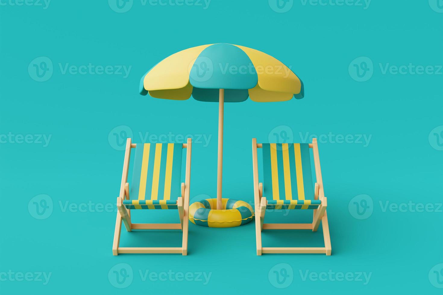 3d rendering of summer vacation concept with beach chair,umbrella and summer elements isolated on blue background,minimal style.3d render. photo