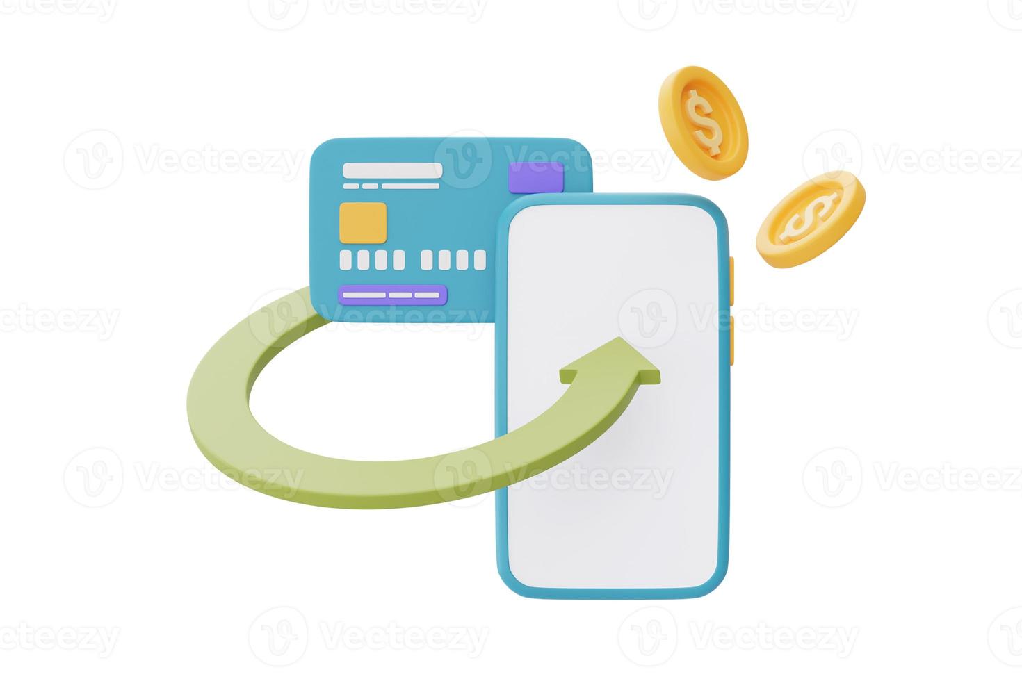 Online cashback service or digital payment concept,Smartphone with blue credit cards and dollar coin,3d rendering photo