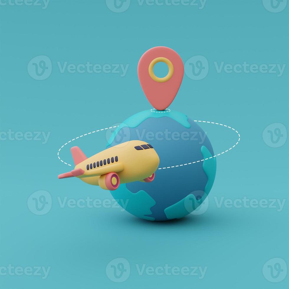 Yellow airplane with globe and location pin ,time to travel concept,vacation planning,holiday,Ready for travel.3d render. photo