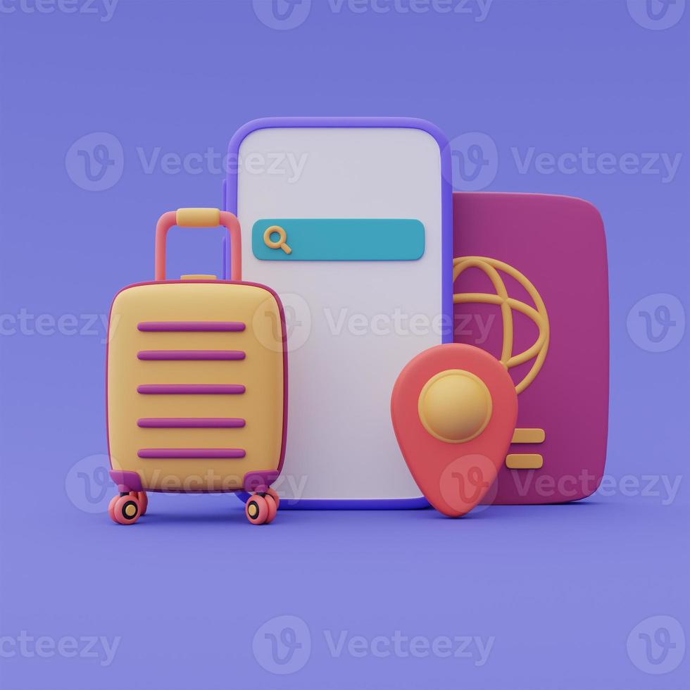 Online travel and tourism planning concept,Smartphone with suitcase,passport  and location pin ,holiday vacation,Ready for travel,3d render. photo