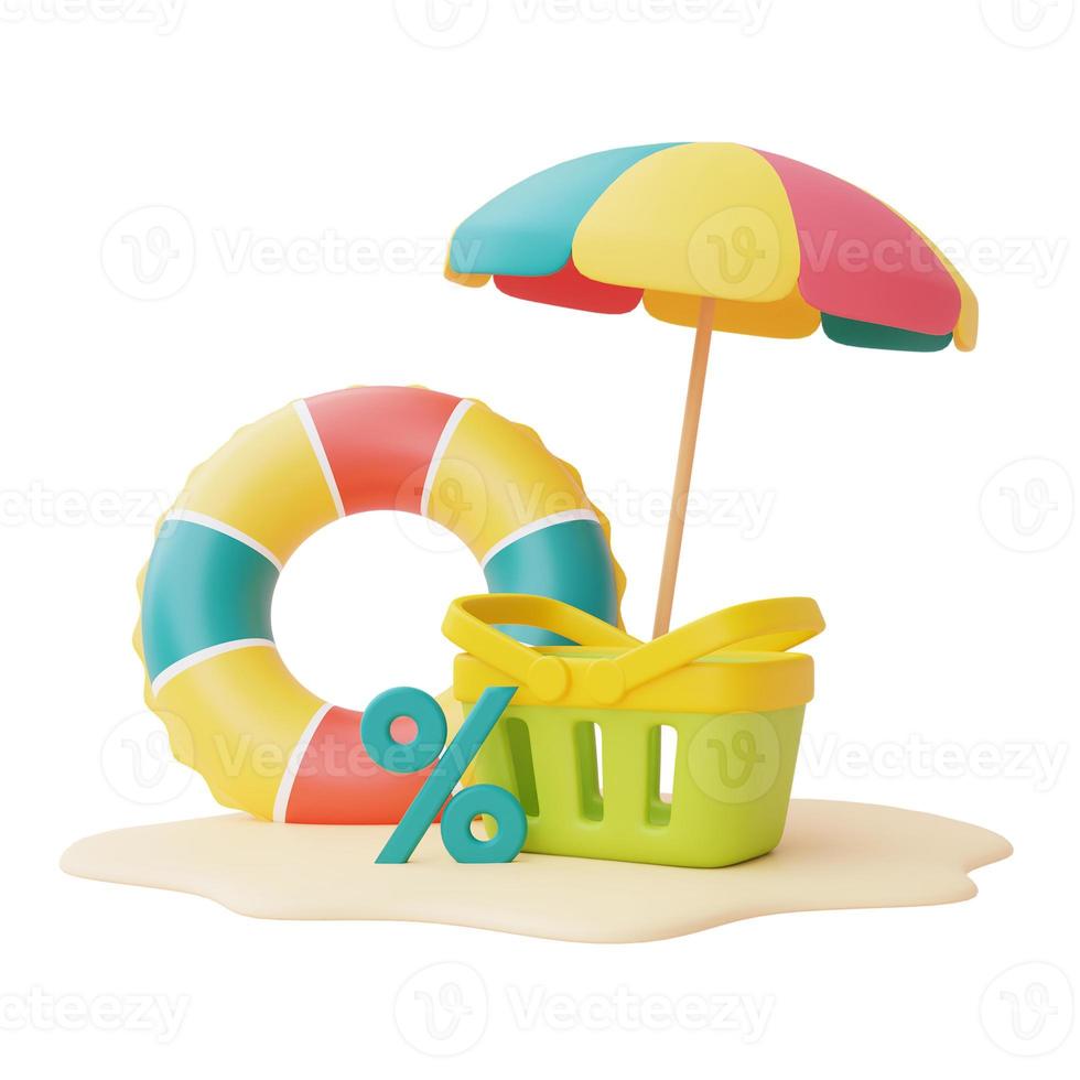 summer sale with colorful inflatable ring and shopping basket isolate on white background,summer beach elements,3d rendering. photo