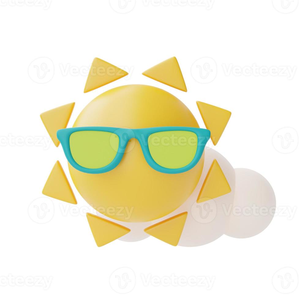 sun with sunglasses and clouds isolate on white background,summer elements,3d rendering. photo