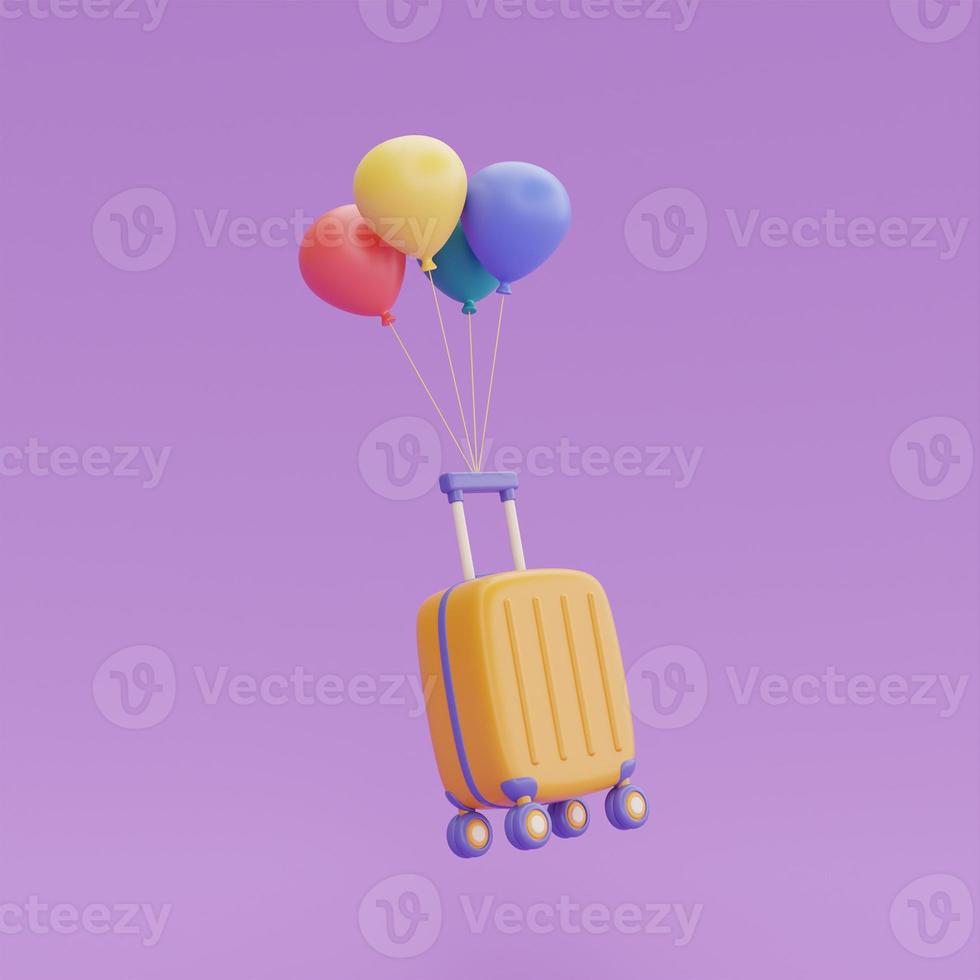 Suitcase with colorful balloons float isolated on purple background,Tourism and travel sale concept,holiday vacation,Time to travel,3d rendering photo