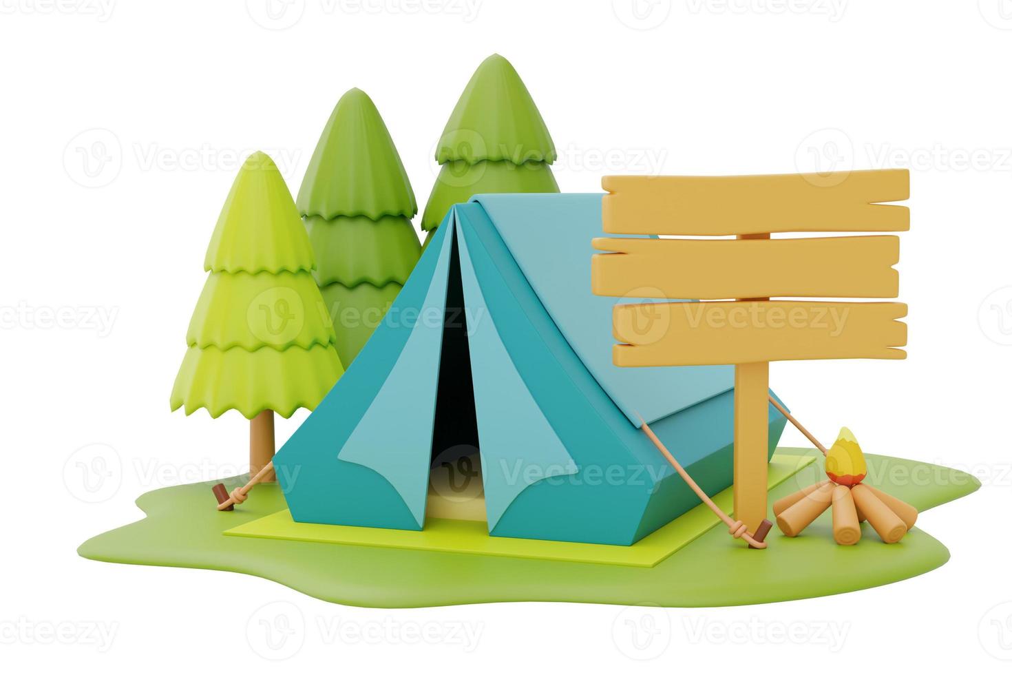 tourist camping tent and campfire with wooden signpost on camping place,summer camp concept,3d rendering. photo