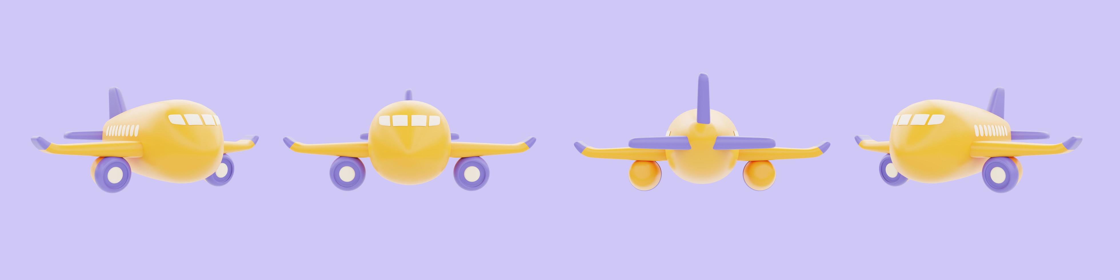 set of yellow airplane isolated on purple background, Tourism and travel, 3d rendering photo