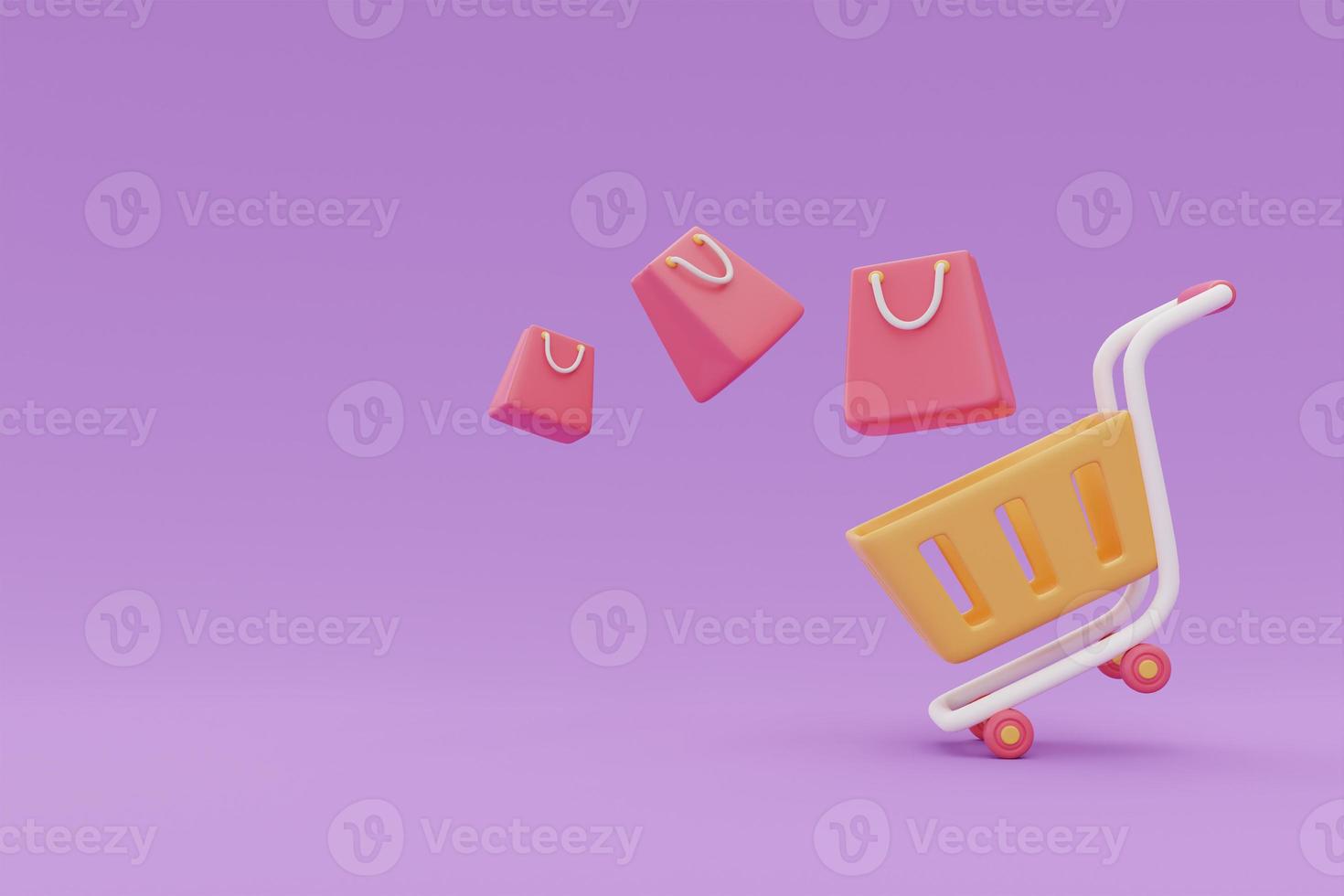 Shopping cart with bags, Flash sale promotions concept on purple background, 3d rendering. photo