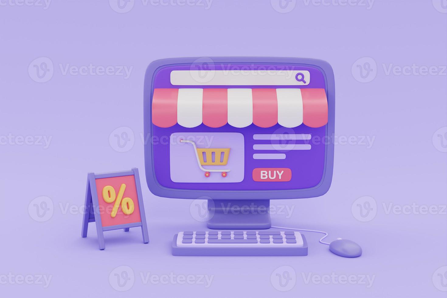 Online shopping store on computer with SALE sign on purple background, digital marketing promotion, 3d rendering. photo