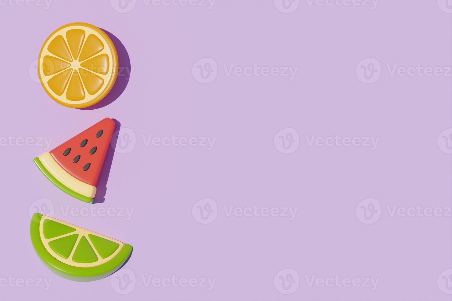 rebanada de coloridas frutas de verano con sandía, limón, naranja aislado sobre fondo púrpura, concepto de horario de verano, renderizado 3d. foto