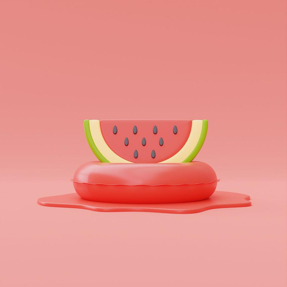 Slice of watermelon with inflatable ring isolate on red background, summer fruits, 3d rendering. photo