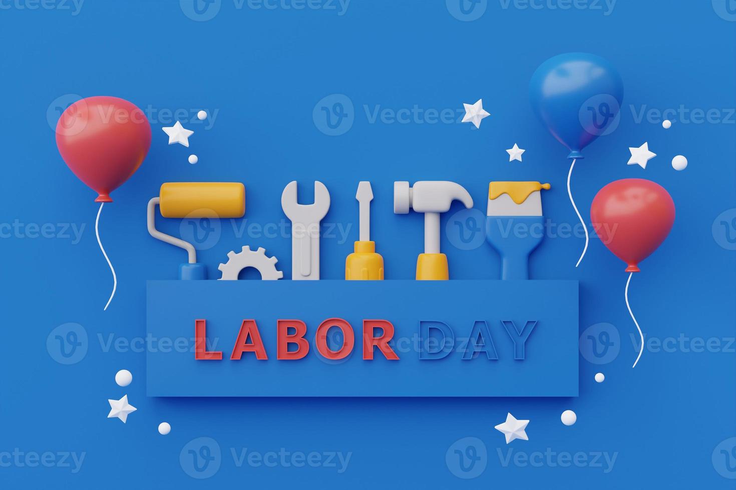 Happy labor day usa concept with construction tools and balloon on blue background, 3d rendering photo