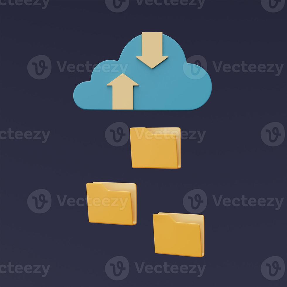concepto de tecnología de almacenamiento en la nube, símbolo de nube azul con icono de carpeta, base de datos en línea, información de datos de transferencia, estilo mínimo. Representación 3d. foto