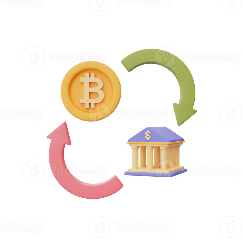 Online Cryptocurrency exchange and banking concept with Bitcoin coin and bank,minimal style.3d rendering. photo