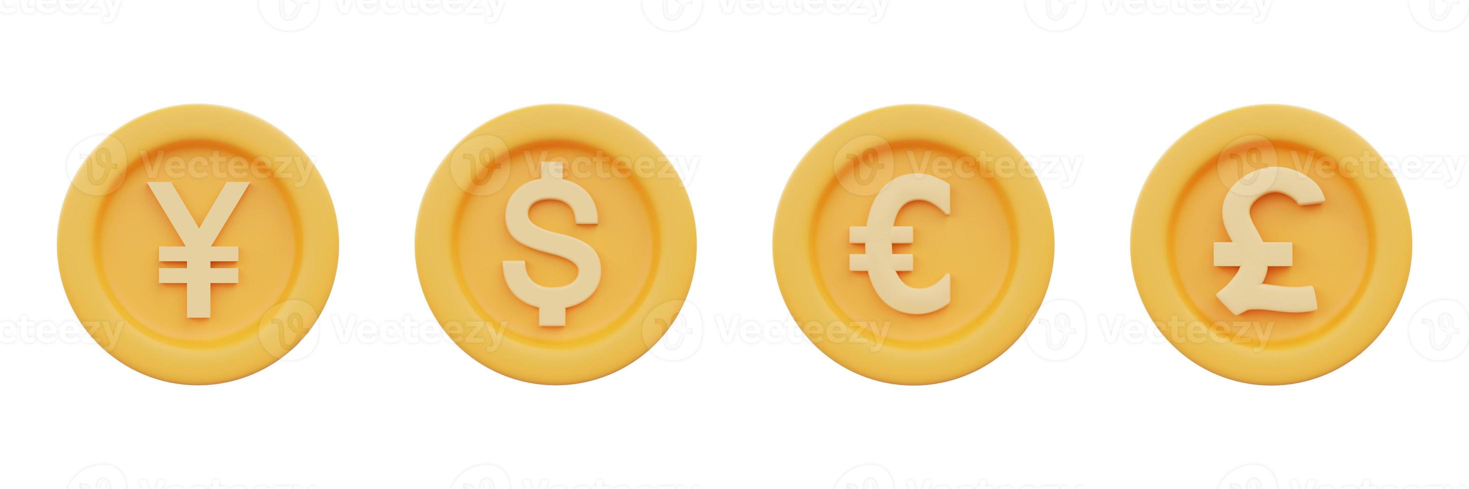 conjunto de las monedas de moneda más populares con signo de dólar, euro, libra, yen, yuan aislado en fondo blanco, negocios, finanzas o concepto de cambio de moneda, estilo mínimo. Representación 3d. foto