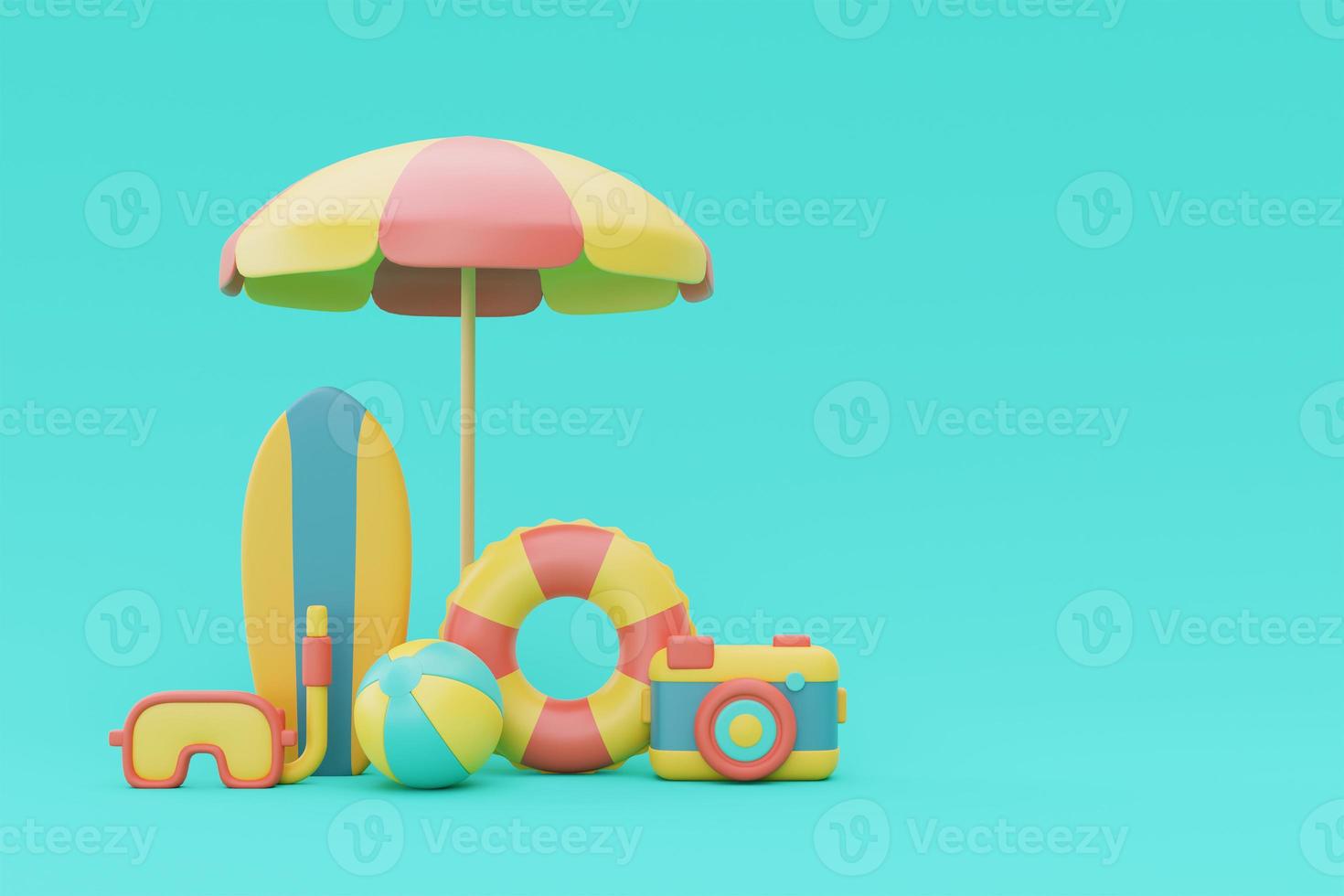 3d rendering of summer vacation concept with Surfboard and summer elements,minimal style.3d render. photo