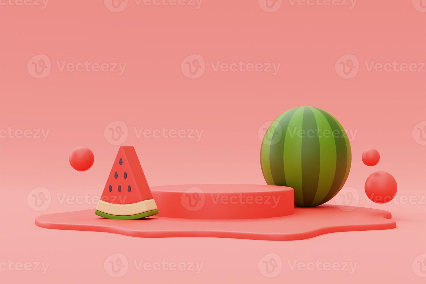 3d rendering of watermelon isolated with podium display on red background,summer vacation concept,summer elements,minimal style.3d render. photo