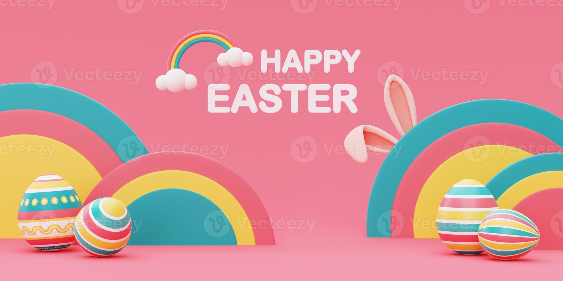 Happy Easter colorful background with easter eggs and bunny ears,International Spring Celebration,minimal style,3d rendering. photo