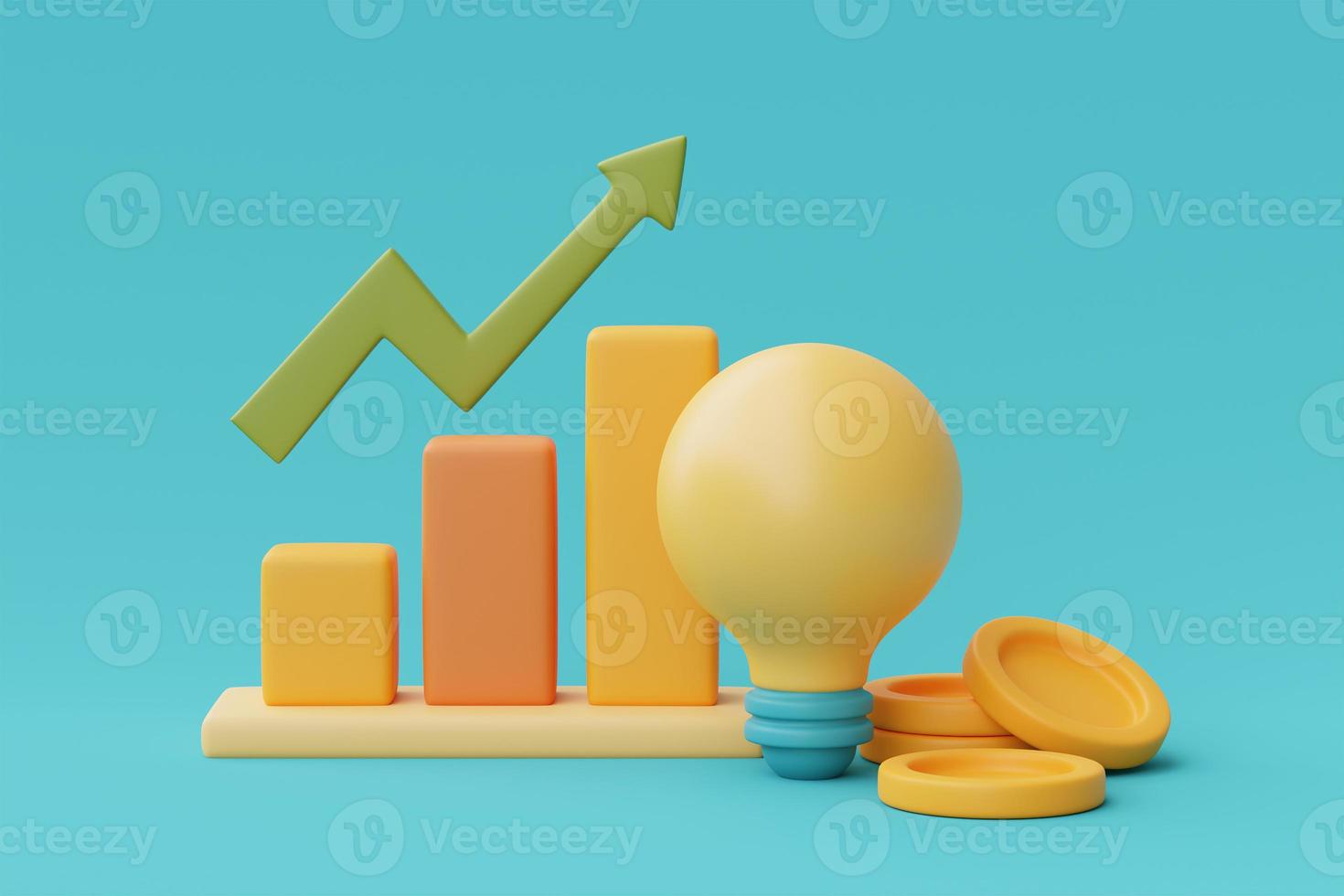 3d render yellow lightbulb floating with graph bar and coin stacks isolate on blue background.minimal style,3d rendering. photo