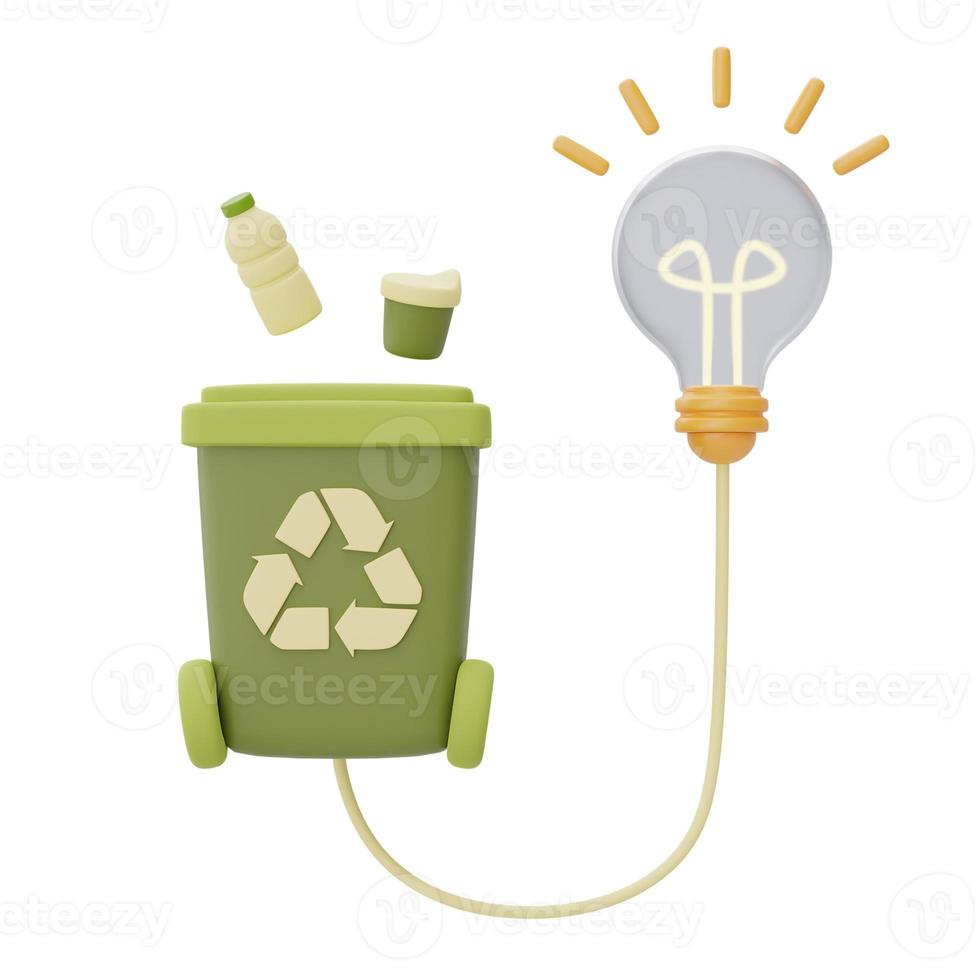 Alternative source of electricity concept with recycling bin and light bulb,eco friendly,clean energy,3d rendering. photo