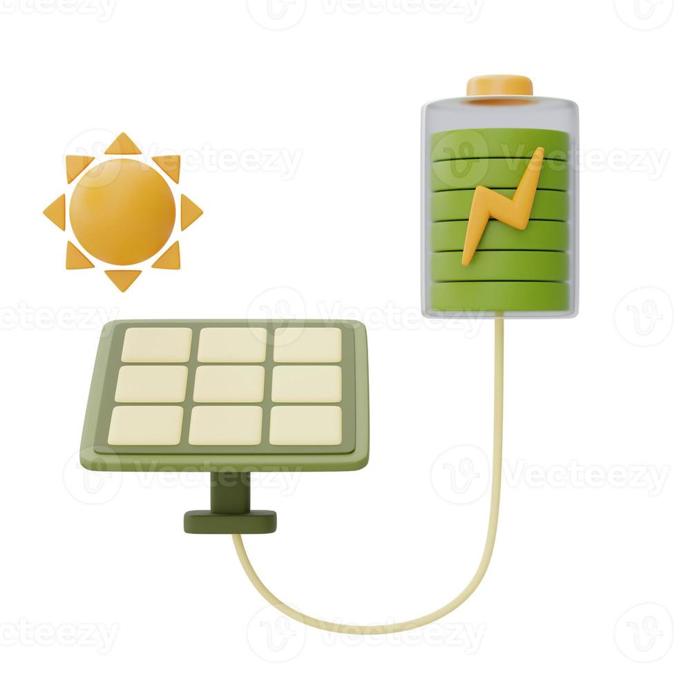 Alternative source of electricity concept with solar panels and battery,eco friendly,clean energy,3d rendering. photo