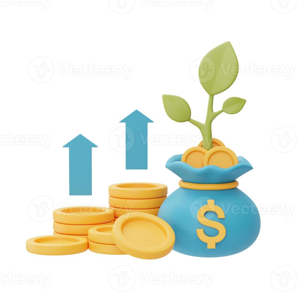 financial investments future income growth concept with dollar coin stacks and plant,saving money or interest increasing,3d rendering photo