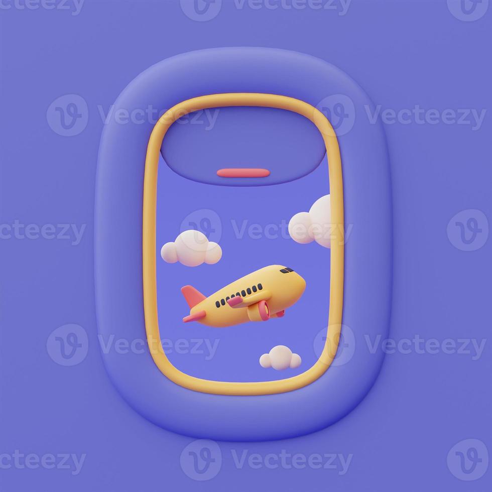 3d render of airplane window with airplane in the sky,Tourism and travel concept,holiday vacation.minimal style. photo