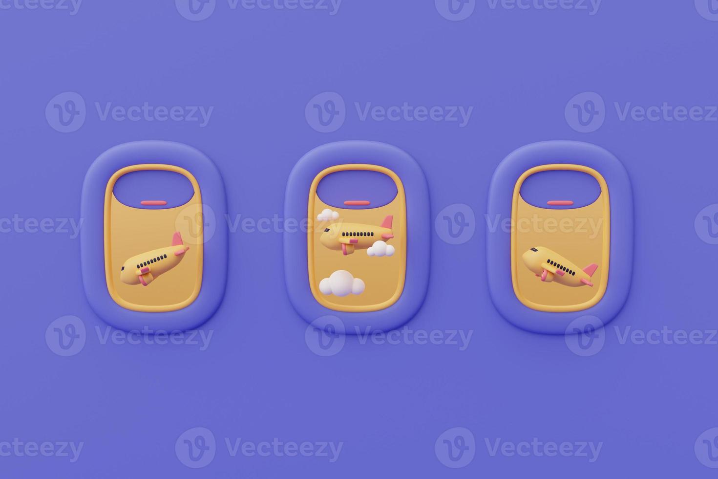 3d render of airplane window with airplane in the sky,Tourism and travel concept,holiday vacation.minimal style. photo