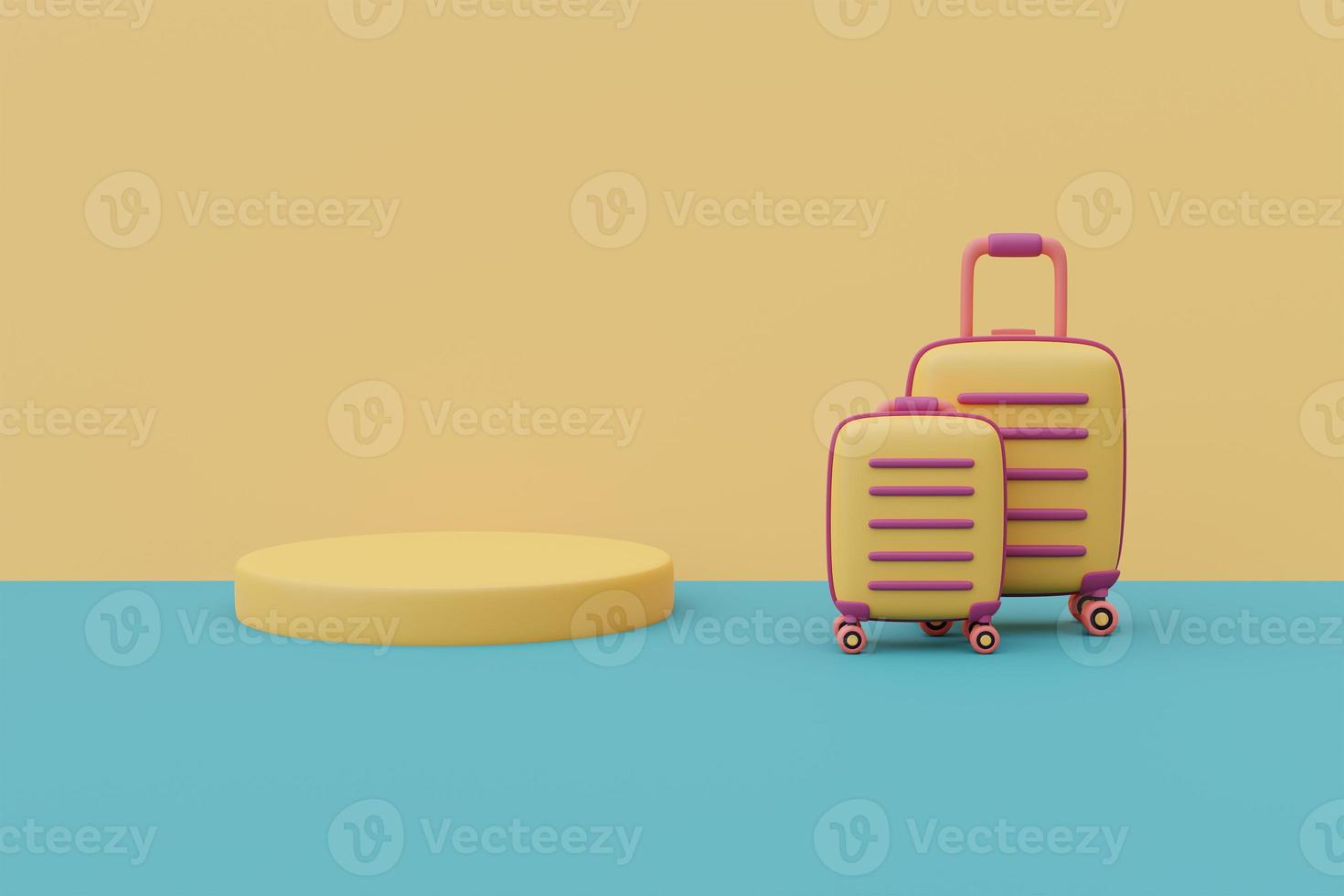 3d render of round podium stage and yellow suitcases  with copy spce for showing or presentation ,minimal style. photo