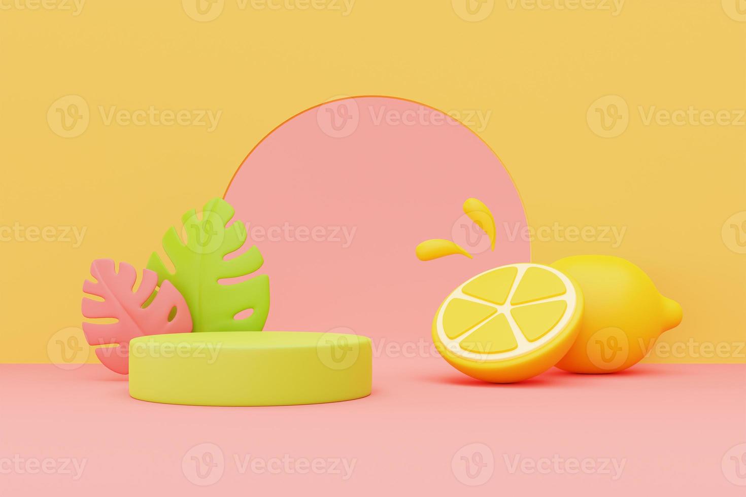 summer display with colorful tropical fruits and palm leaves,3d rendering. photo