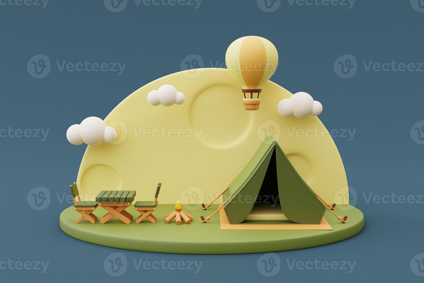 Summer camping concept with wooden table ,bonfire and hot air balloon outside tent on camping site,holiday vacation.minimal style.3d rendering. photo