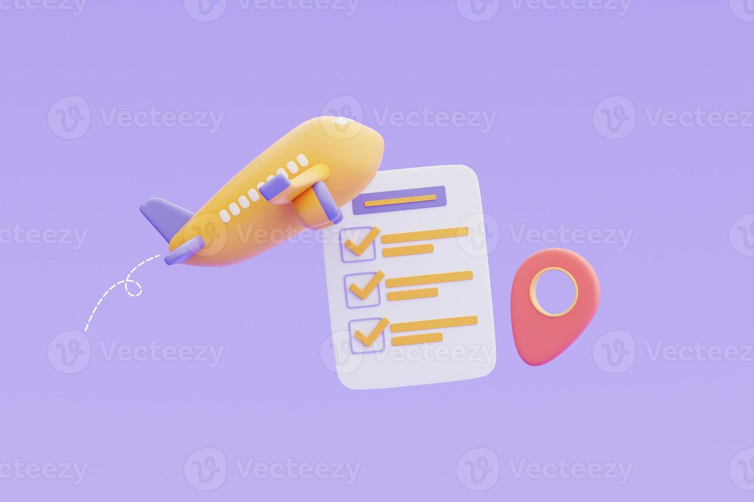 Tourism and travel plan to trip concept with yellow airplane and checklist,Time to travel concept,holiday vacation,3d rendering photo