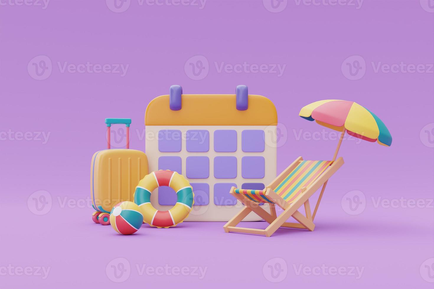 Time to travel concept, calendar with suitcase and summer beach element, Tourism and travel plan to trip, 3d rendering photo