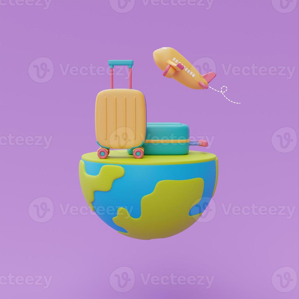 Tourism and travel plan to trip concept with yellow suitcase and airplane on globe,holiday vacation,Time to travel,3d rendering photo