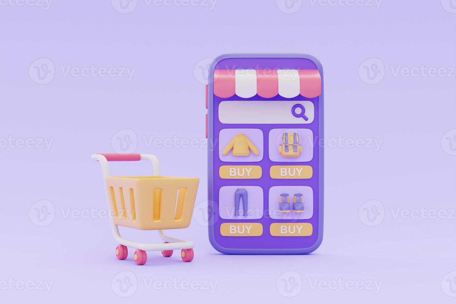 Online shopping store on smartphone with shopping cart on purple background, 3d rendering. photo