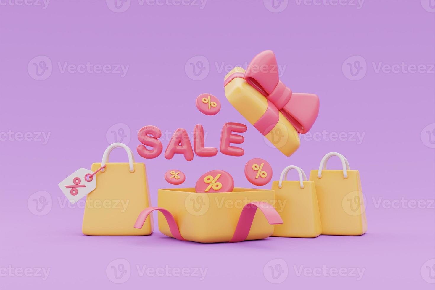 Great discount and sale promotion concept, Gift box and shopping bags with SALE word floating on purple background, 3d rendering. photo