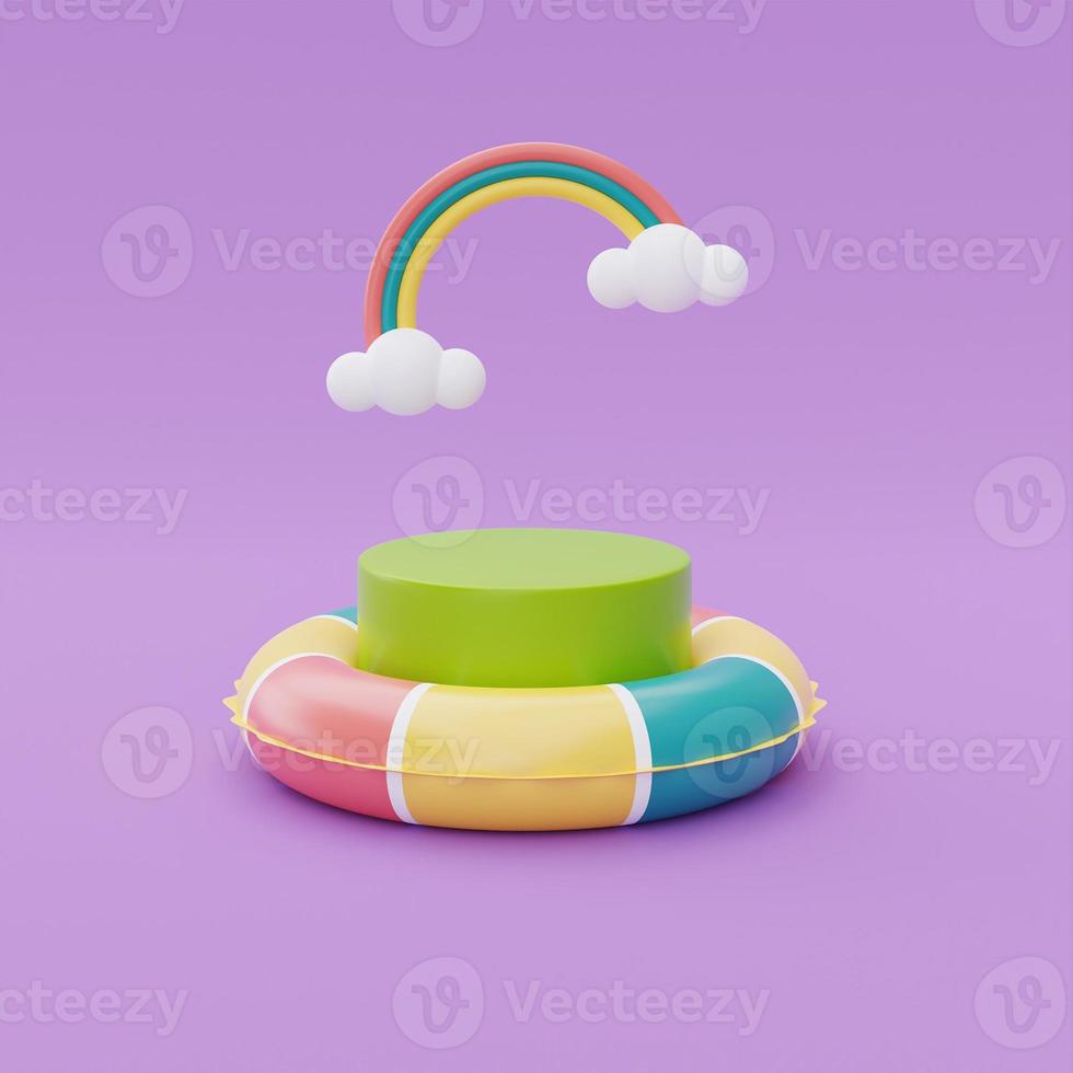 Colorful inflatable ring and display with rainbow floating on purple background, Summer time concept, 3d rendering. photo