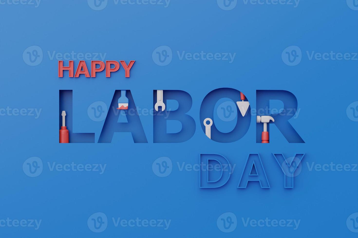 Happy labor day usa concept with construction tools and equipment on blue background, 3d rendering photo